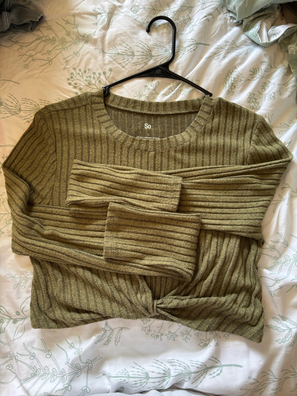 SO Olive Green Ribbed Knit Twist-Hem Sweater